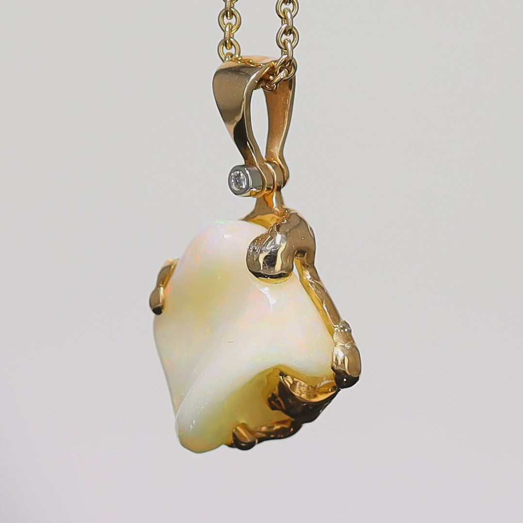 Hand Carved Natural African Opal Free Form One of a Kind Pendant. 14K Yellow Gold. k