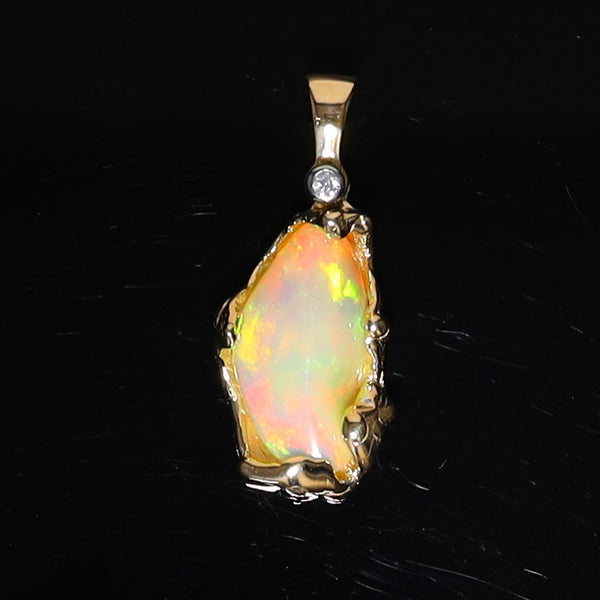 Hand Carved Natural African Opal Free Form One of a Kind Pendant. 14K Yellow Gold.